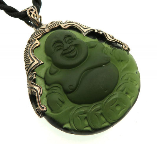Green Obsidian Carved Buddha Sterling Silver Pendant