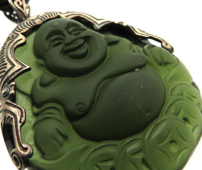 Green Obsidian Carved Buddha Sterling Silver Pendant