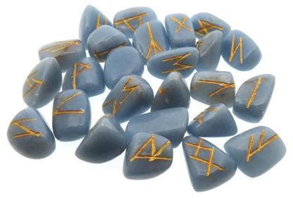 Small Angelite Etched Gemstone Elder Futhark Rune Set with Booklet