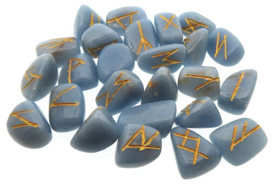 Small Angelite Etched Gemstone Elder Futhark Rune Set with Booklet