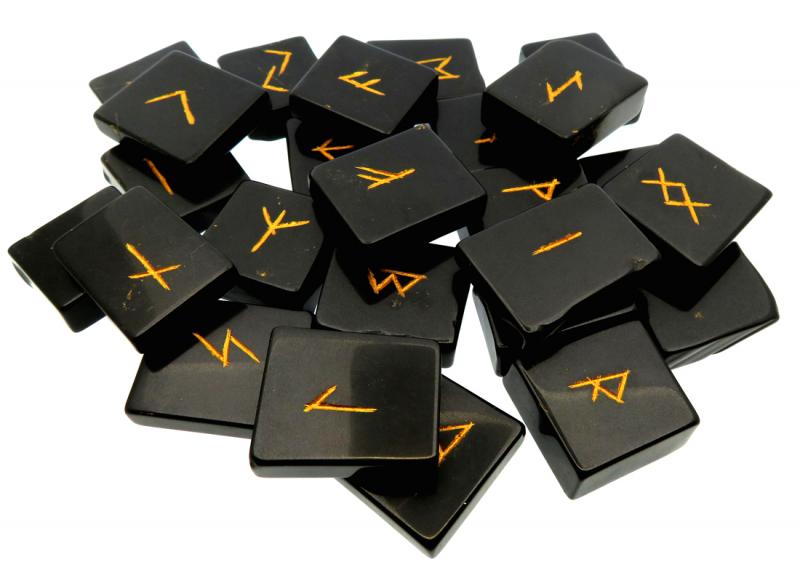 Black Agate Etched Angular Gemstone Elder Futhark Rune Set with Booklet