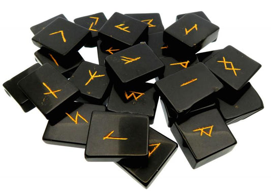 Black Agate Etched Angular Gemstone Elder Futhark Rune Set with Booklet