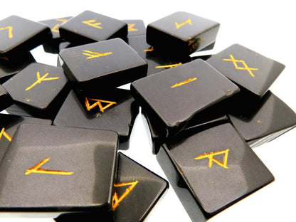 Black Agate Etched Angular Gemstone Elder Futhark Rune Set with Booklet