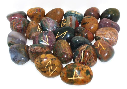 Fancy Jasper Etched Gemstone Elder Futhark Rune Set with Booklet