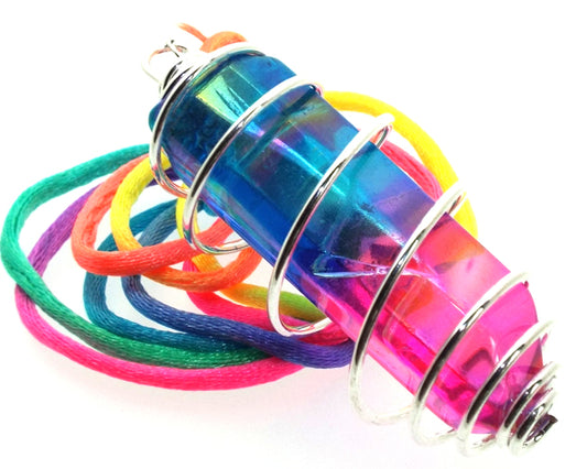 Rainbow Aura Quartz Spiral Gem Keeper Cage Pendant
