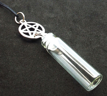 Silver Coloured Metal Pentacle Glass Bottle Pendant