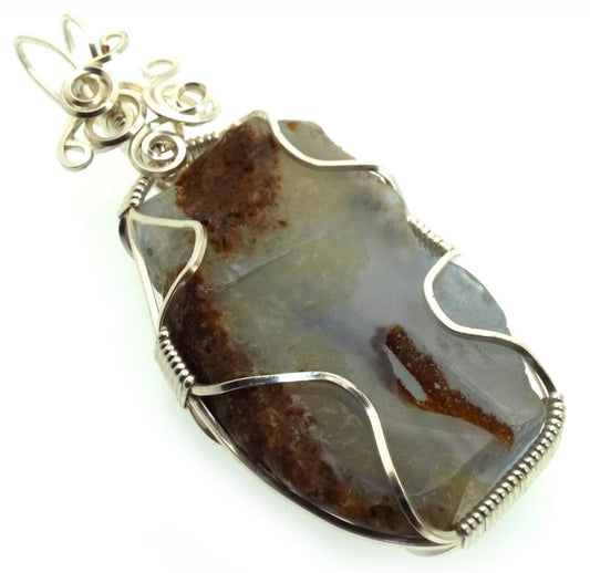 Natural Blue Lace Agate Silver Plated Wire Wrapped Pendant 01