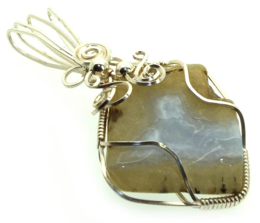 Natural Blue Lace Agate Silver Plated Wire Wrapped Pendant 03