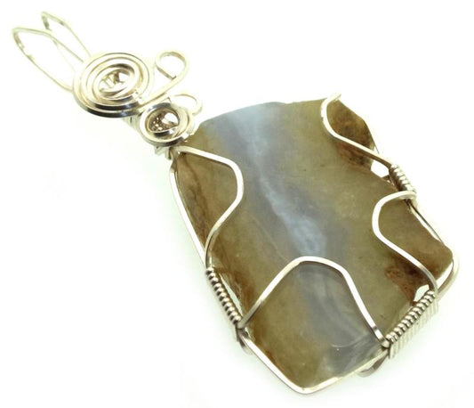 Natural Blue Lace Agate Silver Plated Wire Wrapped Pendant 04