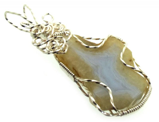 Natural Blue Lace Agate Silver Plated Wire Wrapped Pendant 05