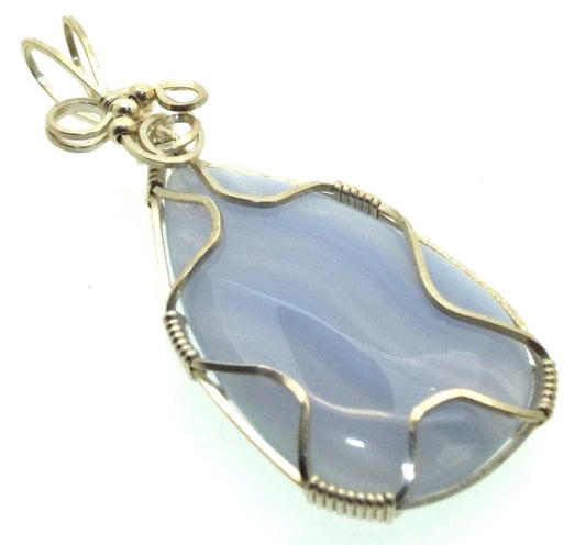 Blue Lace Agate Silver Plated Wire Wrapped Pendant 08