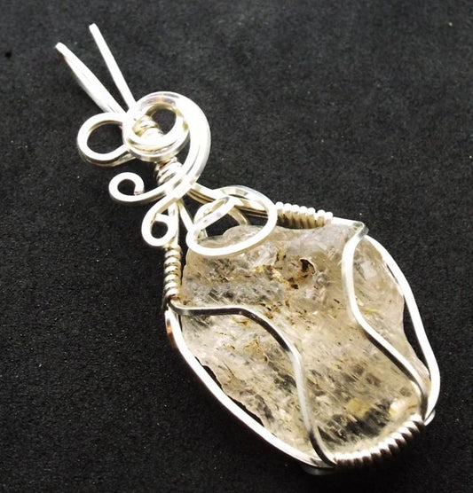 Raw Topaz Gemstone Silver Plated Wire Wrapped Pendant 03