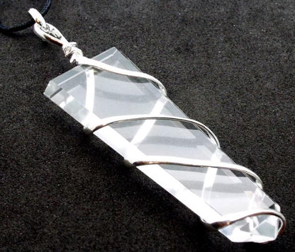 Clear Quartz Faceted Point Spiral Wire Wrapped Pendant