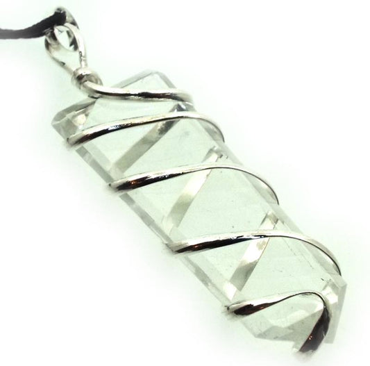 Clear Quartz Faceted Point Spiral Wire Wrapped Pendant
