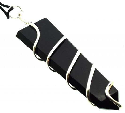 Black Agate Faceted Point Spiral Wire Wrapped Pendant