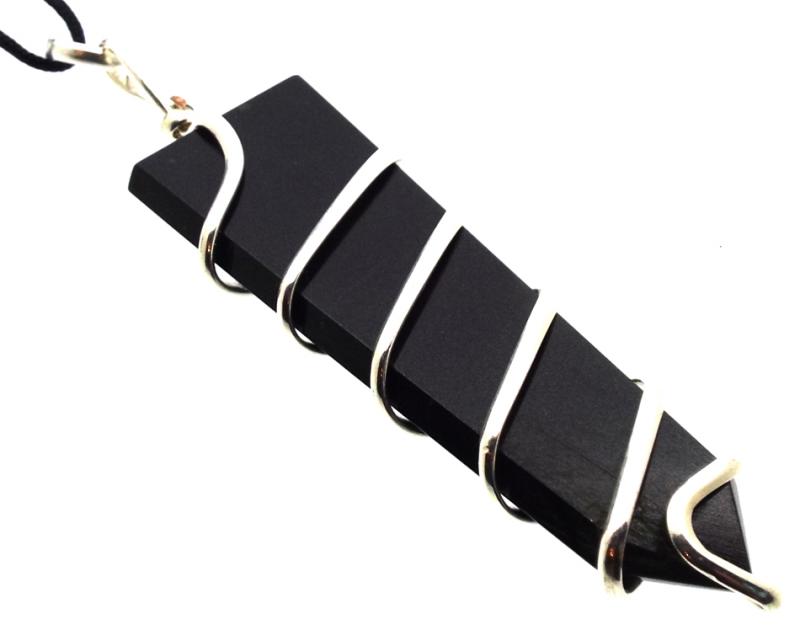 Black Agate Faceted Point Spiral Wire Wrapped Pendant