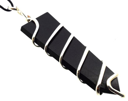 Black Agate Faceted Point Spiral Wire Wrapped Pendant