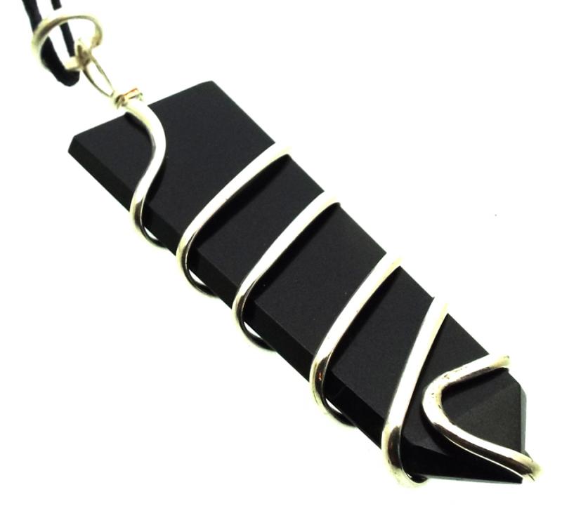 Black Agate Faceted Point Spiral Wire Wrapped Pendant