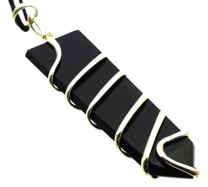 Black Agate Faceted Point Spiral Wire Wrapped Pendant