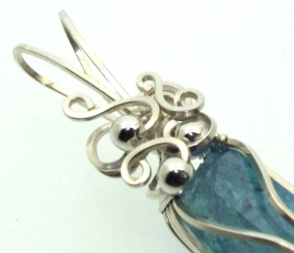Aqua Aura Quartz Sterling Silver Wire Wrapped Pendant 07