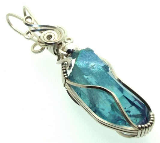Aqua Aura Quartz Sterling Silver Wire Wrapped Pendant 08