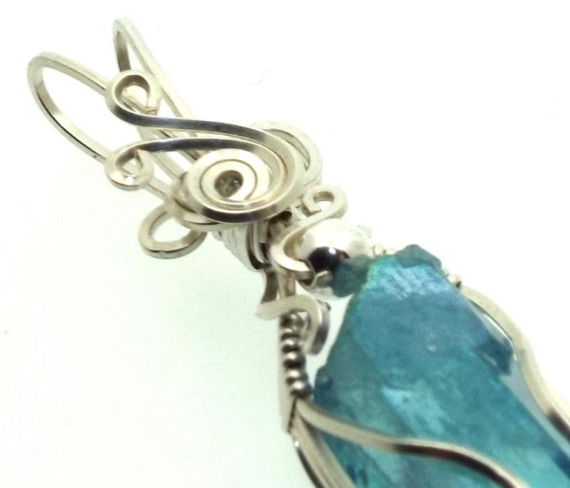Aqua Aura Quartz Sterling Silver Wire Wrapped Pendant 08
