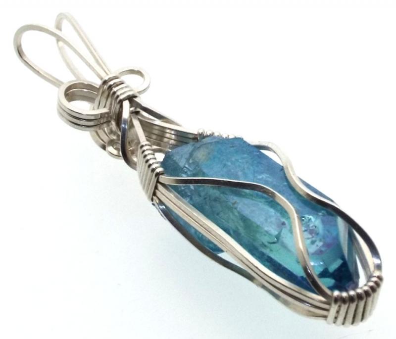 Aqua Aura Quartz Sterling Silver Wire Wrapped Pendant 08