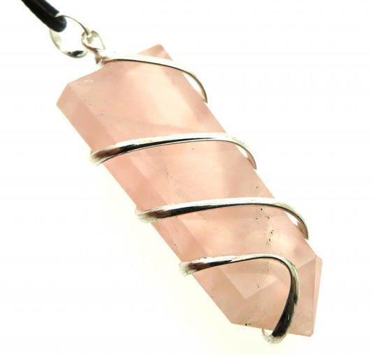 Rose Quartz Faceted Point Spiral Wire Wrapped Pendant