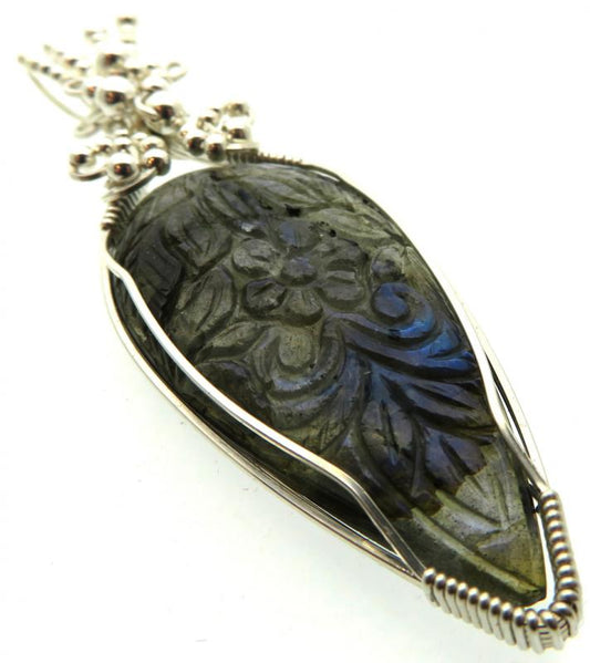 Hand Carved Labradorite Sterling Silver Wire Wrapped Pendant 01