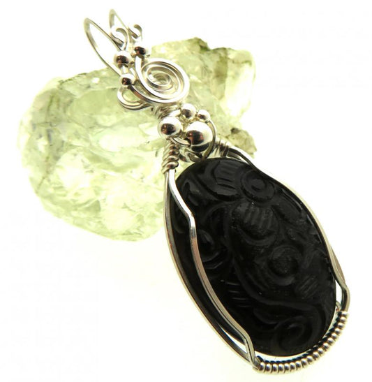 Hand Carved Silver Sheen Obsidian Sterling Silver Wire Wrapped Pendant 01