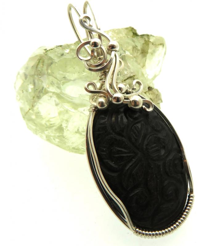 Hand Carved Silver Sheen Obsidian Sterling Silver Wire Wrapped Pendant 02