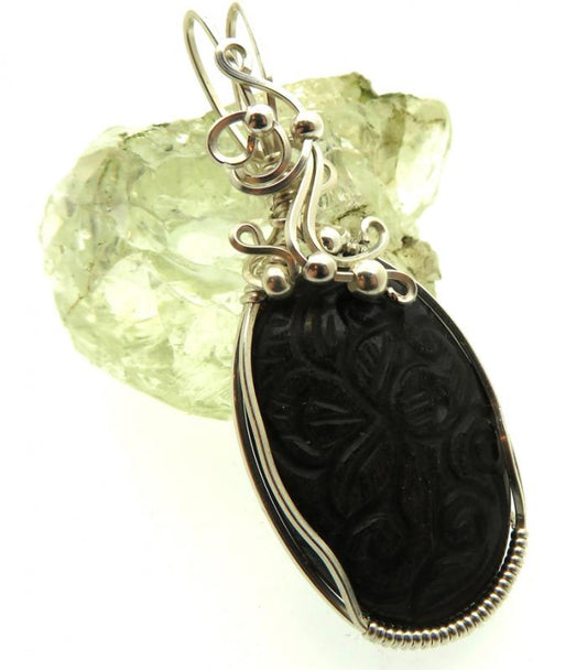 Hand Carved Silver Sheen Obsidian Sterling Silver Wire Wrapped Pendant 02