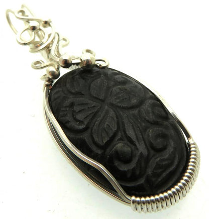 Hand Carved Silver Sheen Obsidian Sterling Silver Wire Wrapped Pendant 02