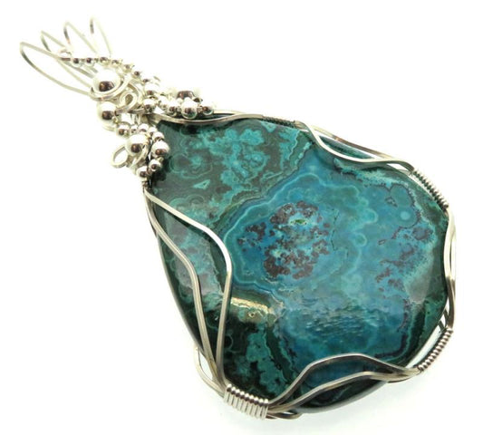 Chrysocolla Large Sterling Silver Wire Wrapped Pendant 06