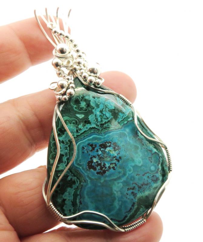 Chrysocolla Large Sterling Silver Wire Wrapped Pendant 06