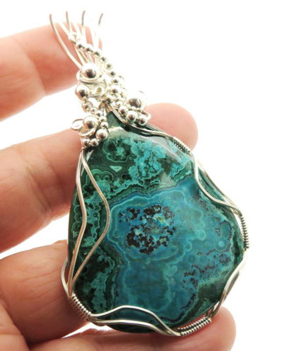 Chrysocolla Large Sterling Silver Wire Wrapped Pendant 06
