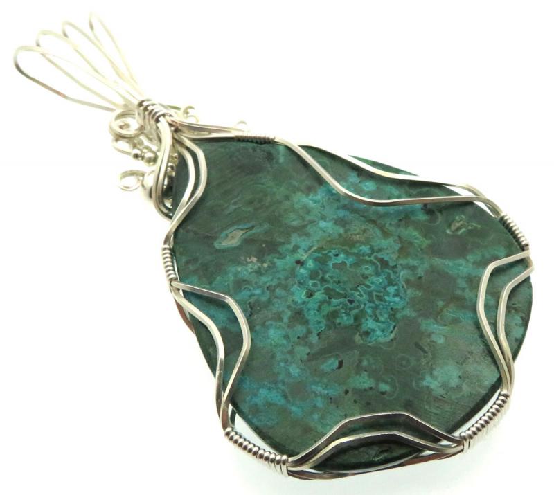 Chrysocolla Large Sterling Silver Wire Wrapped Pendant 06