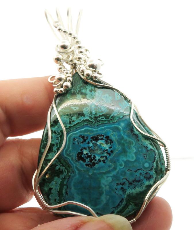 Chrysocolla Large Sterling Silver Wire Wrapped Pendant 06