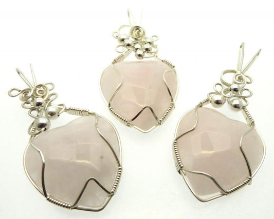 Lucky Dip Rose Quartz Heart Silver Plated Wire Wrapped Pendant