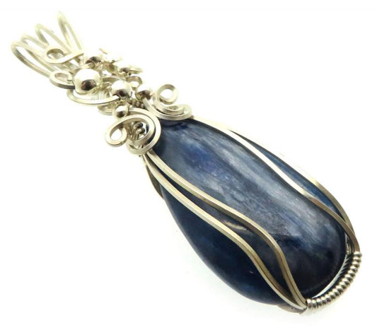 Blue Kyanite Gemstone Sterling Silver Wire Wrapped Pendant 02