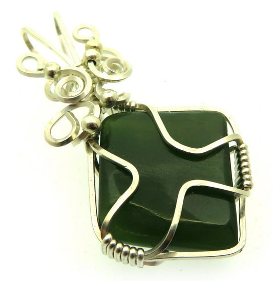 Nephrite Jade Gemstone Silver Plated Wire Wrapped Pendant 01