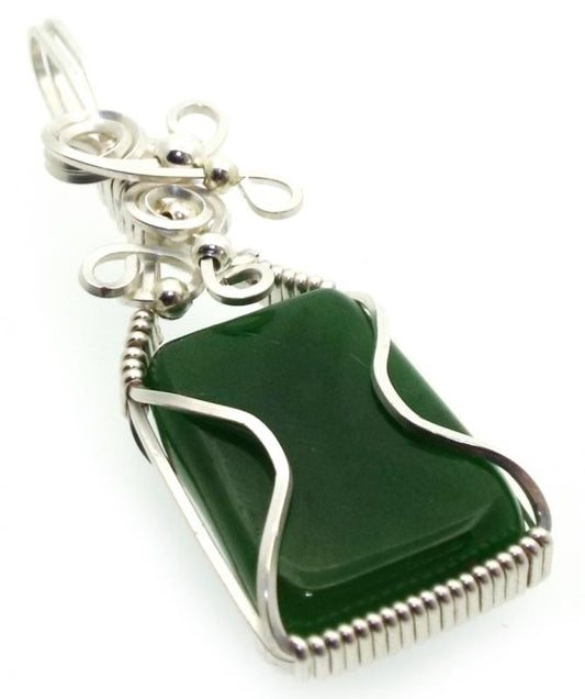 Nephrite Jade Gemstone Silver Plated Wire Wrapped Pendant 02