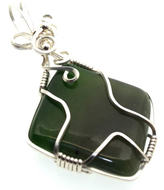 Nephrite Jade Gemstone Silver Plated Wire Wrapped Pendant 03