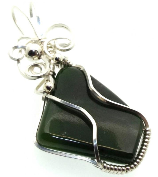 Nephrite Jade Gemstone Silver Plated Wire Wrapped Pendant 05