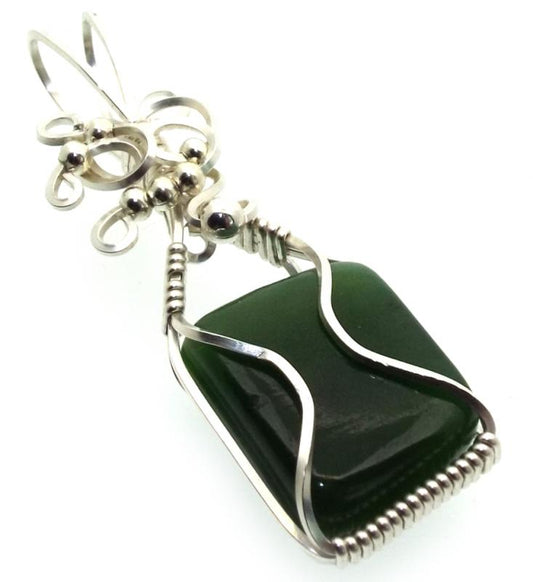 Nephrite Jade Gemstone Silver Plated Wire Wrapped Pendant 06
