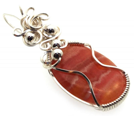 Rhodochrosite Gemstone Silver Plated Wire Wrapped Pendant 05