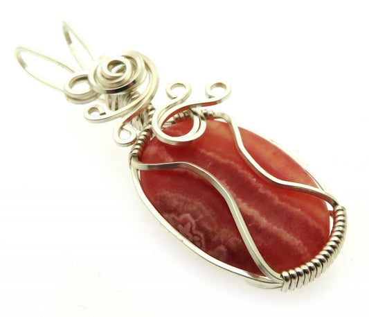 Rhodochrosite Gemstone Silver Plated Wire Wrapped Pendant 06
