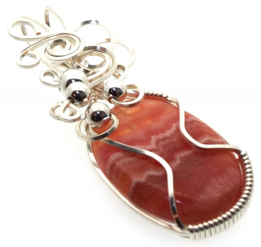 Rhodochrosite Gemstone Silver Plated Wire Wrapped Pendant 08