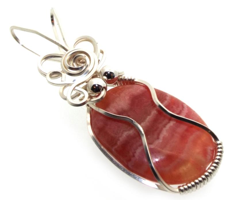 Rhodochrosite Gemstone Silver Plated Wire Wrapped Pendant 11