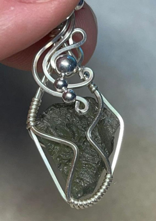 Moldavite Gemstone Sterling Silver Wire Wrapped Pendant 05